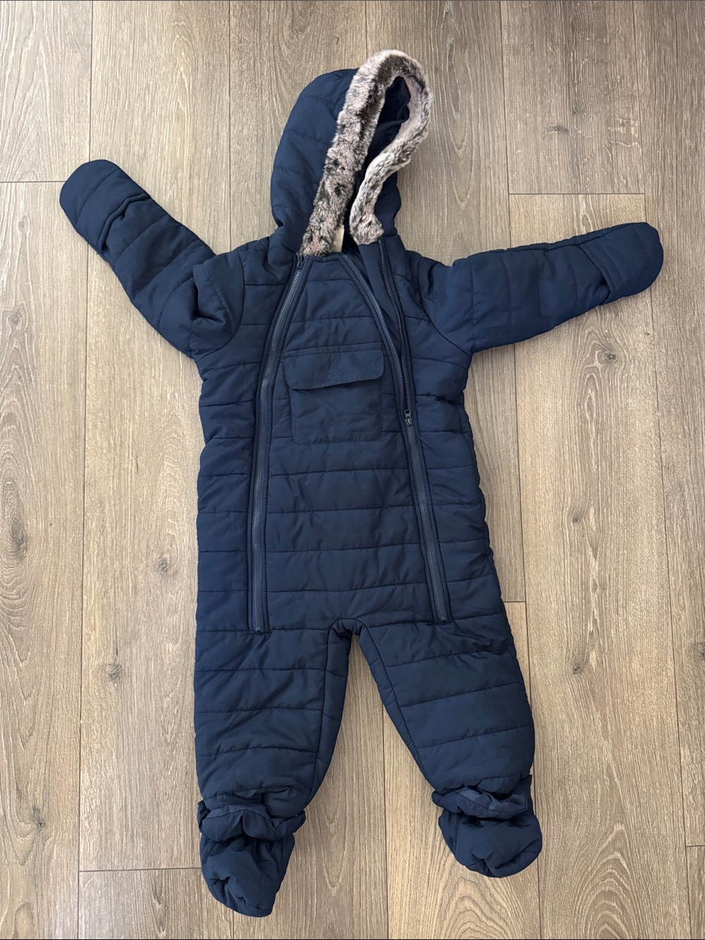 Toddler Navy Quilted One-Piece Snowsuit with Faux Fur Hood